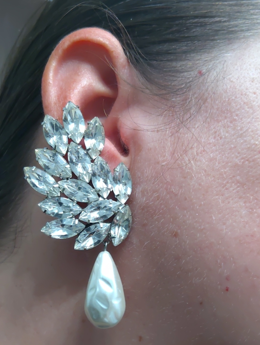 Thelma Deutsch Navette Statement Earrings With A Drop Faux Pearl Clip On Vintage - Picture 8 of 8